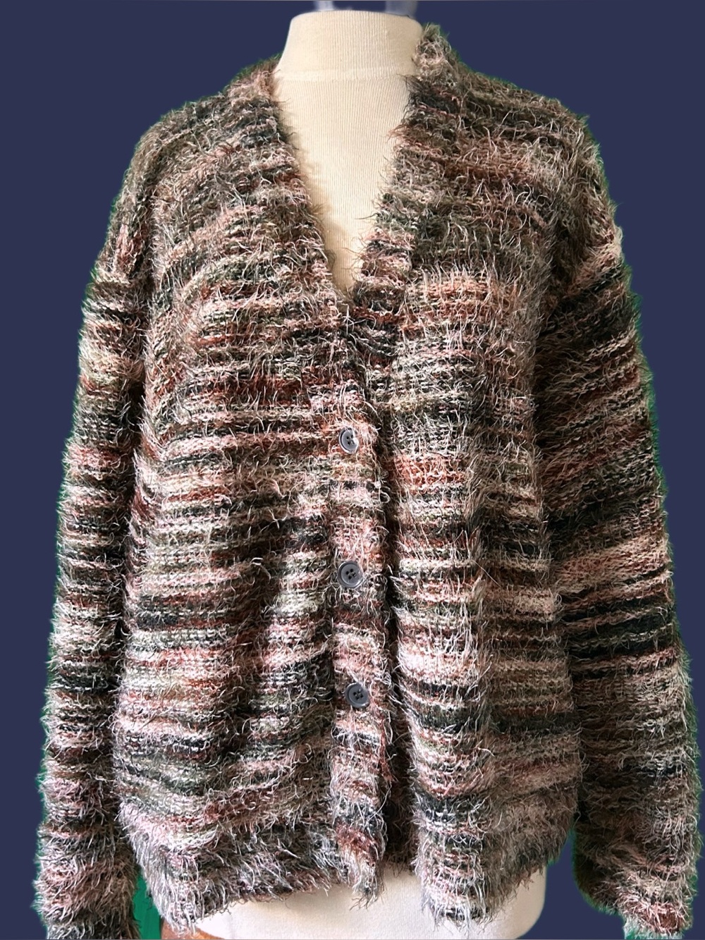 Cozy Fuzzy Striped Button-Front Cardigan - Pink Multi